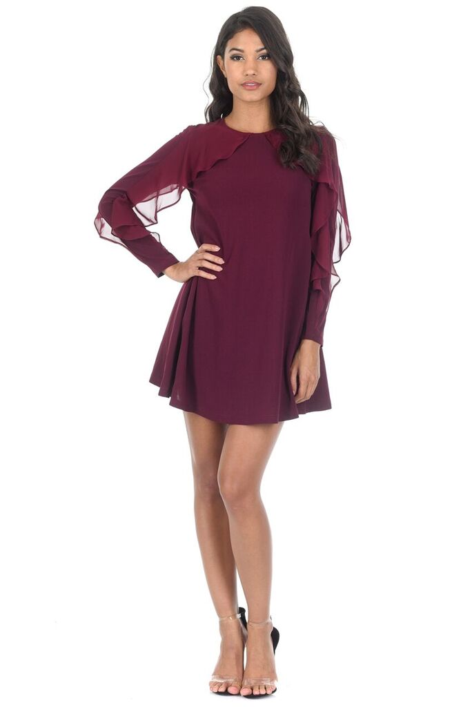 Plum Long Sleeve Frill Detail Swing Dress