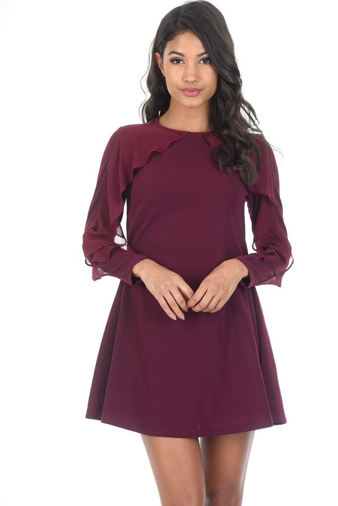 Plum Long Sleeve Frill Detail Swing Dress AX Paris Plum Long Sleeve Frill Detail Swing Dress AX Paris
