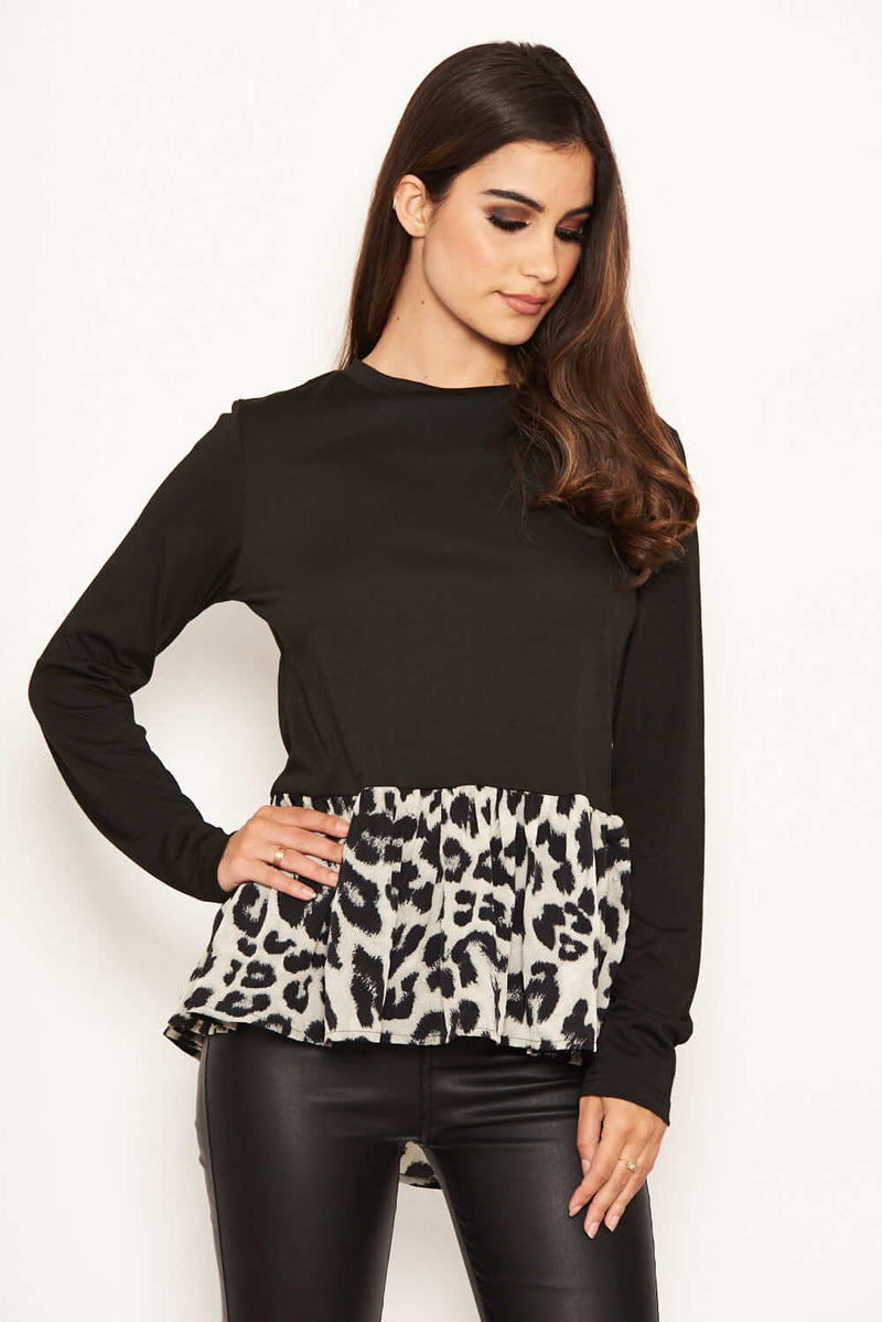 Long Sleeved Animal Print Peplum Top