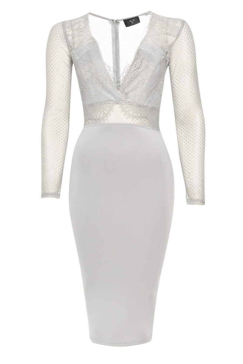 Long Sleeved Grey Bodycon With Lace Detail