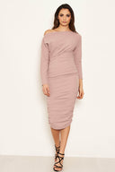 Mauve Off Shoulder Ruched Dress