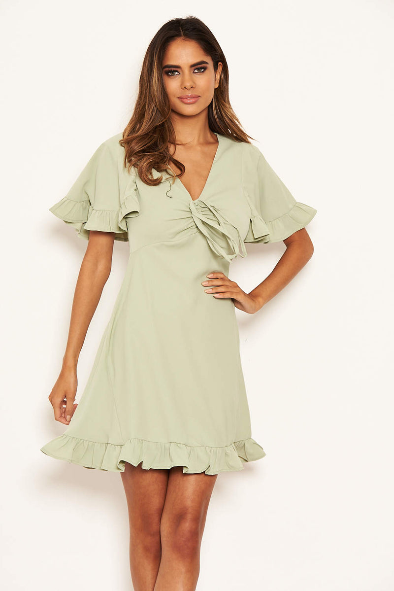 Mint Ruched Front Frill Swing Dress