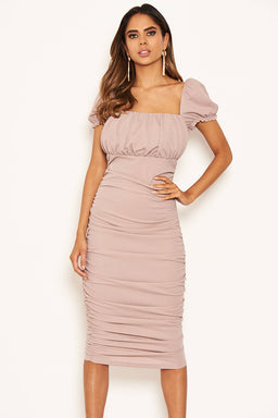 Mushroom Puff Sleeve Ruched Bodycon Midi Dress