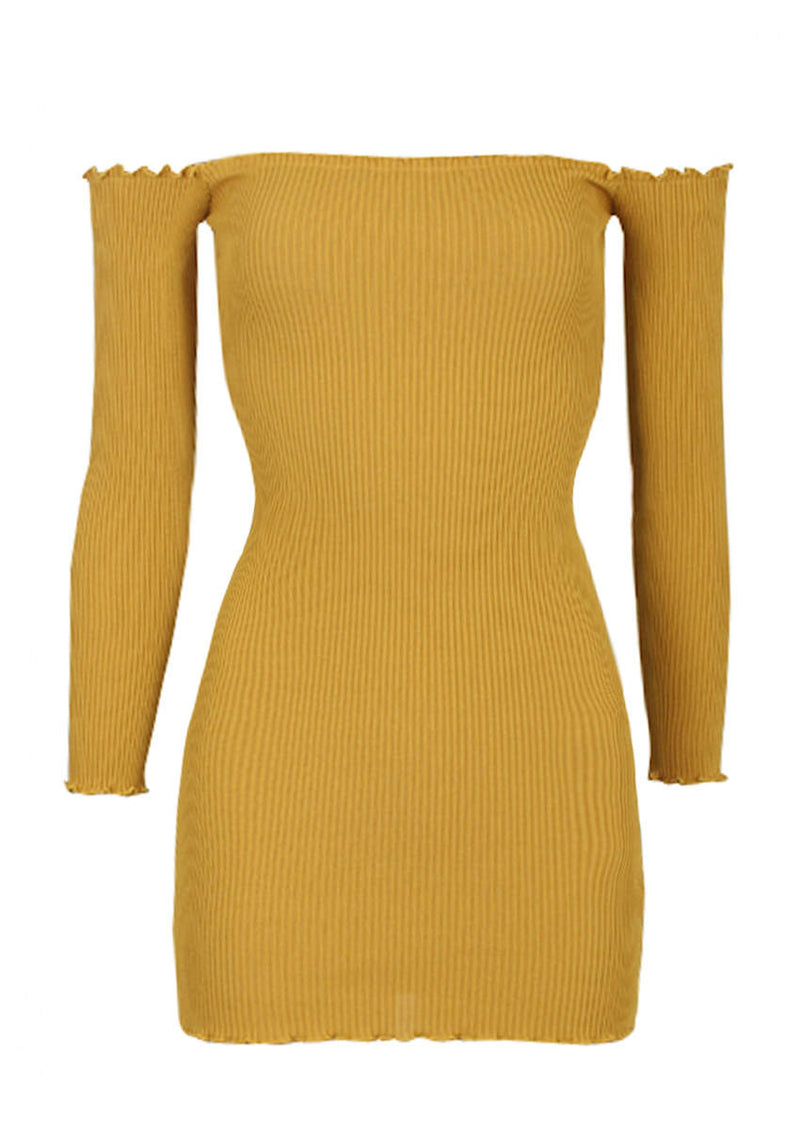 Mustard Bardot Ruffle Detail Knit Dress