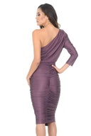 Mauve One Sleeve Slinky Midi Dress With Ruched Detail