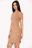 Mink Faux Suede Mini Dress with High Neck