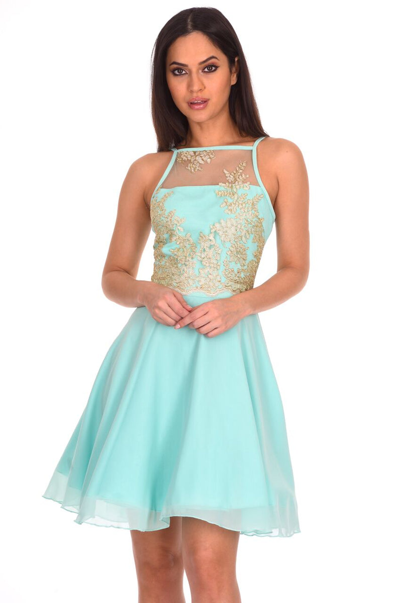 Mint Green Mesh Gold Embroidered Skater Dress AX Paris Mint Green Mesh Gold Embroidered Skater Dress AX Paris