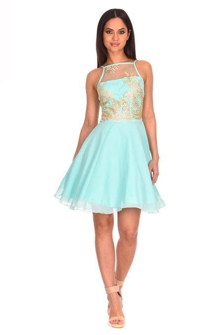 Mint Green Mesh Gold Embroidered Skater Dress