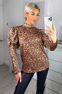 Multi Animal Print High Neck Puff Sleeve Blouse