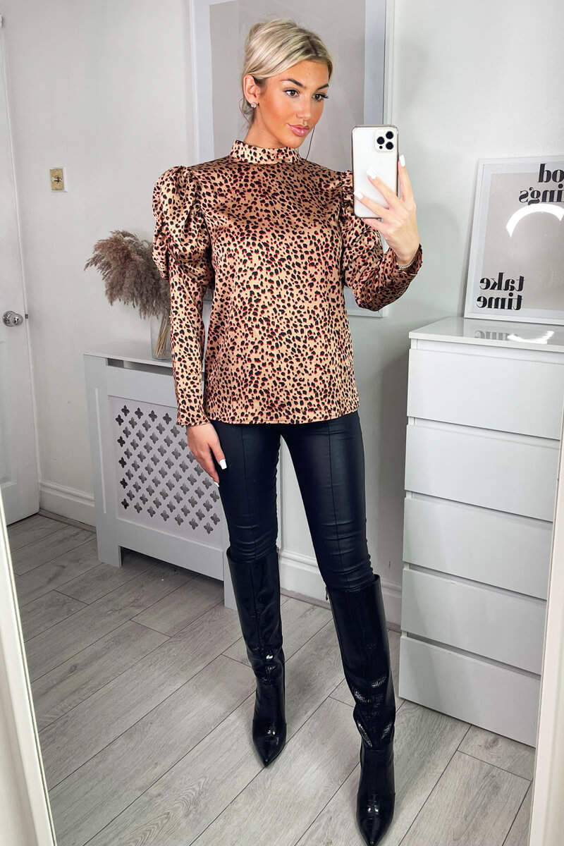 Multi Animal Print High Neck Puff Sleeve Blouse