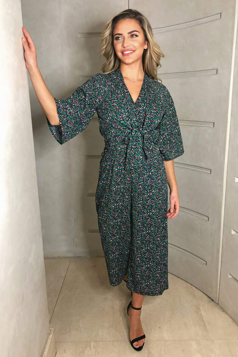 Multi Floral Ditsy Print Tie Front Jumpsuit