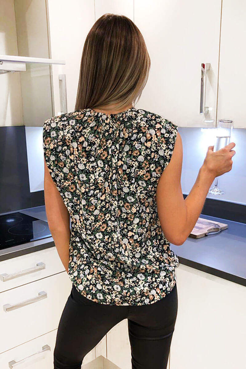 Multi Floral Printed Padded Shoulder Sleeveless Blouse