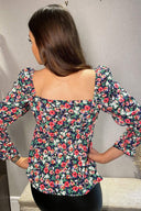 Multi Floral Shirred Cuff Milkmaid Top