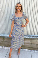 Multi Floral Square Neck Split Dress