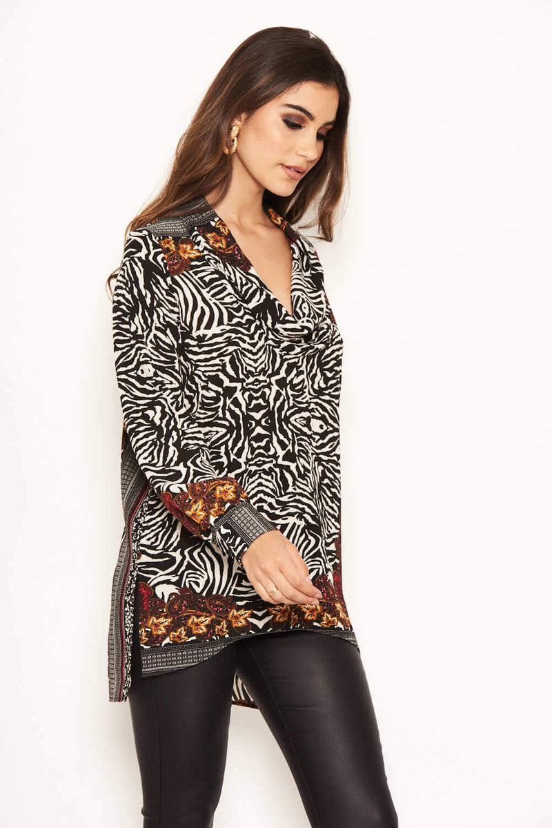 Multi Print Cowl Neck Top