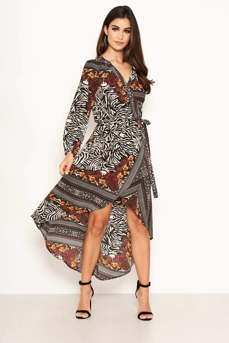 Multi Print Wrap Maxi Dress