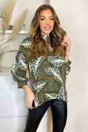 Multi Printed Cuff Sleeve High Neck Top