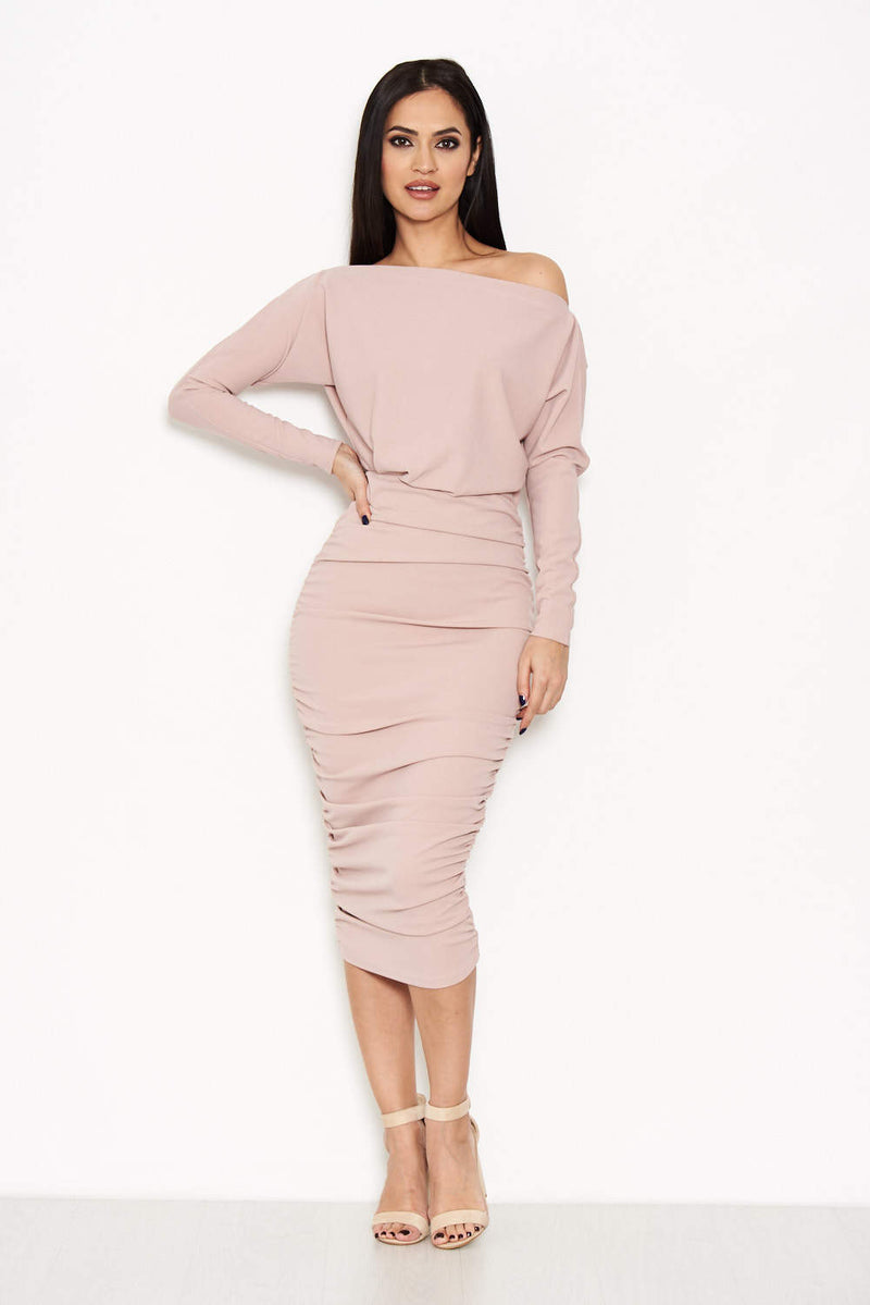 Mushroom Off Shoulder Ruched Dress