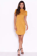 Mustard Faux Suede Mini Dress with High Neck