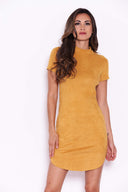 Mustard Faux Suede Mini Dress with High Neck