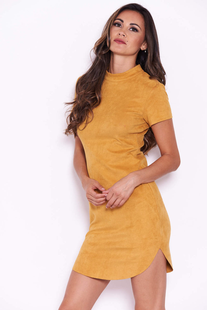 Mustard Faux Suede Mini Dress with High Neck