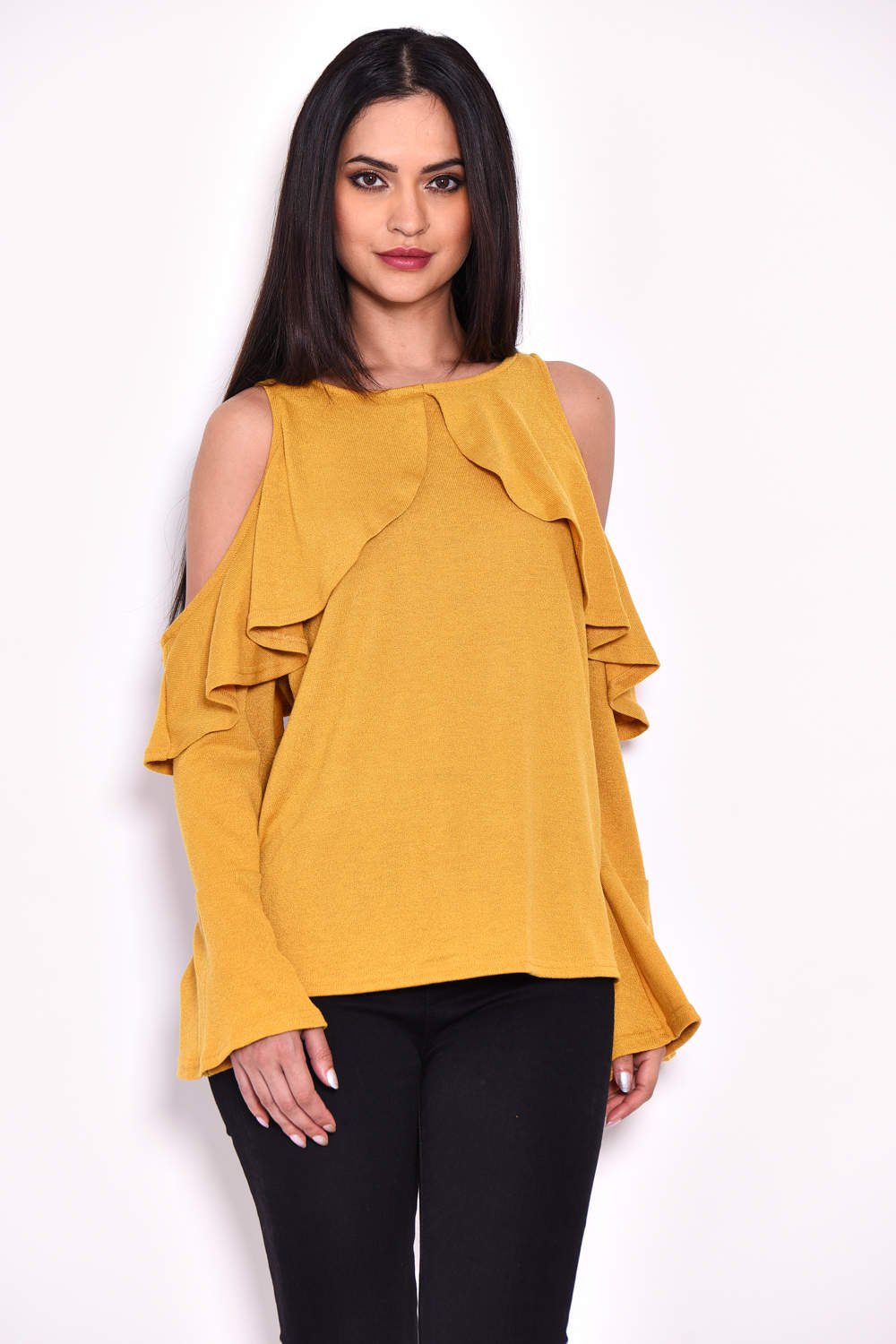 mustard yellow cold shoulder top