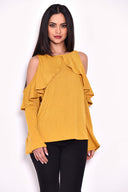 Mustard Knitted Cold Shoulder Top