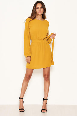 Mustard Long Sleeve Belted Day Dress