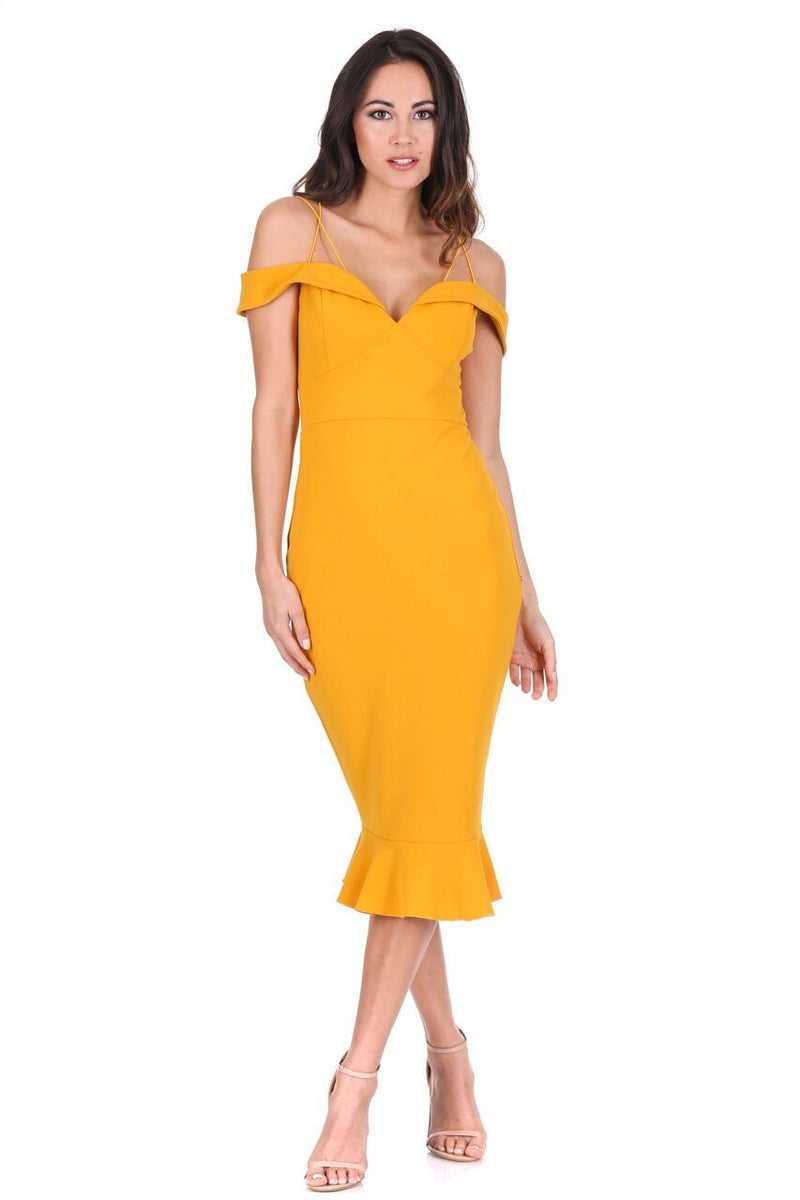 Mustard Off The Shoulder Strappy Fishtail Dress