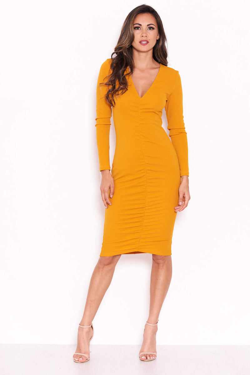 Mustard Ruched Sleeved Dress