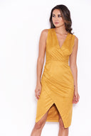 Mustard Suede V Neck Wrap Dress