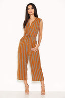 Mustard Stripe Culotte Jumpsuit With V Neck