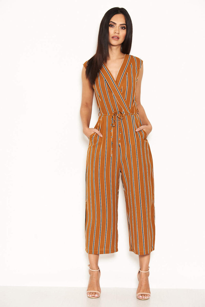 Mustard Stripe Culotte Jumpsuit With V Neck