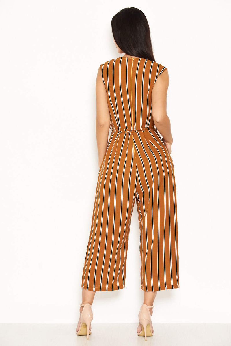 Mustard Stripe Culotte Jumpsuit With V Neck