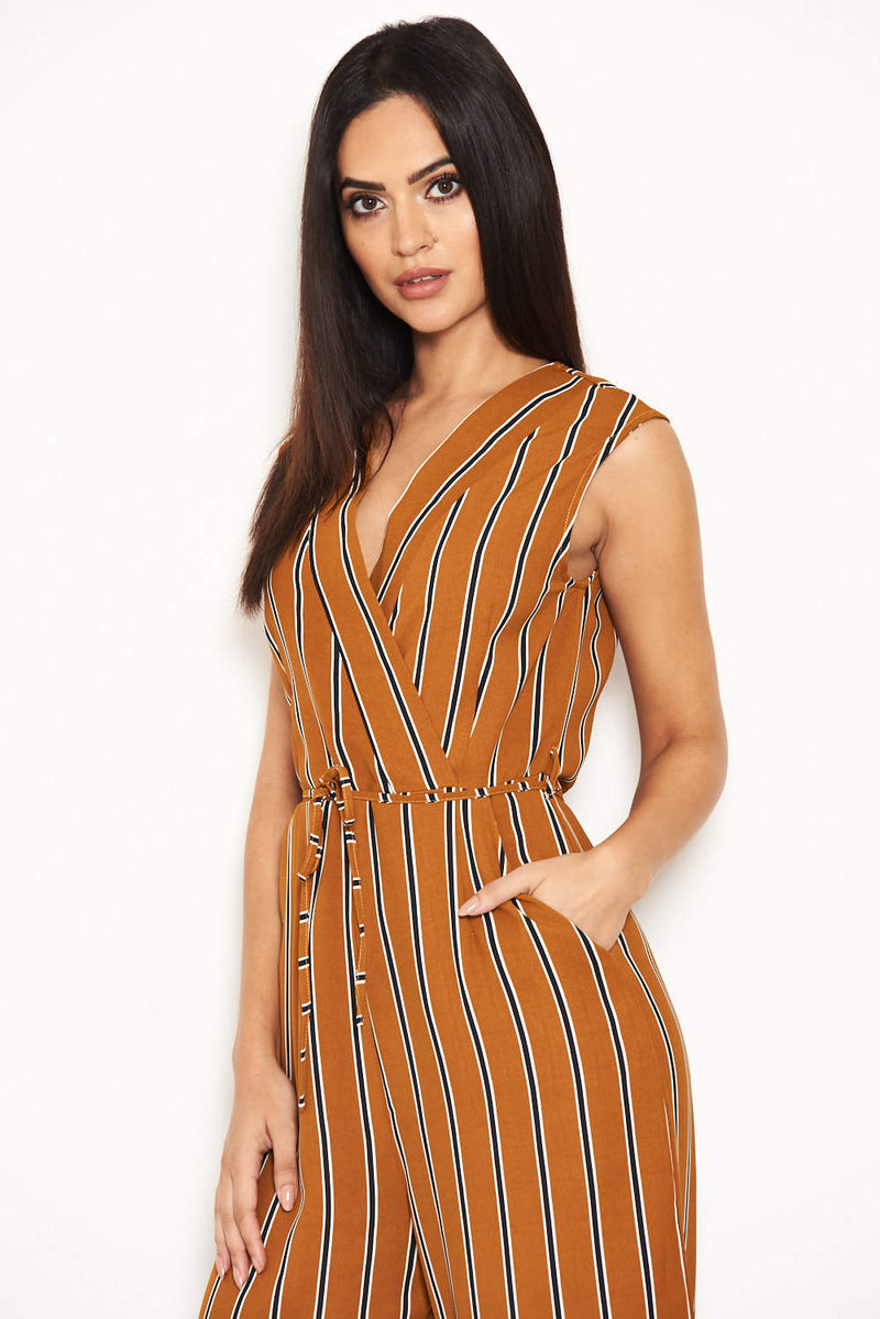 Mustard Stripe Culotte Jumpsuit With V Neck