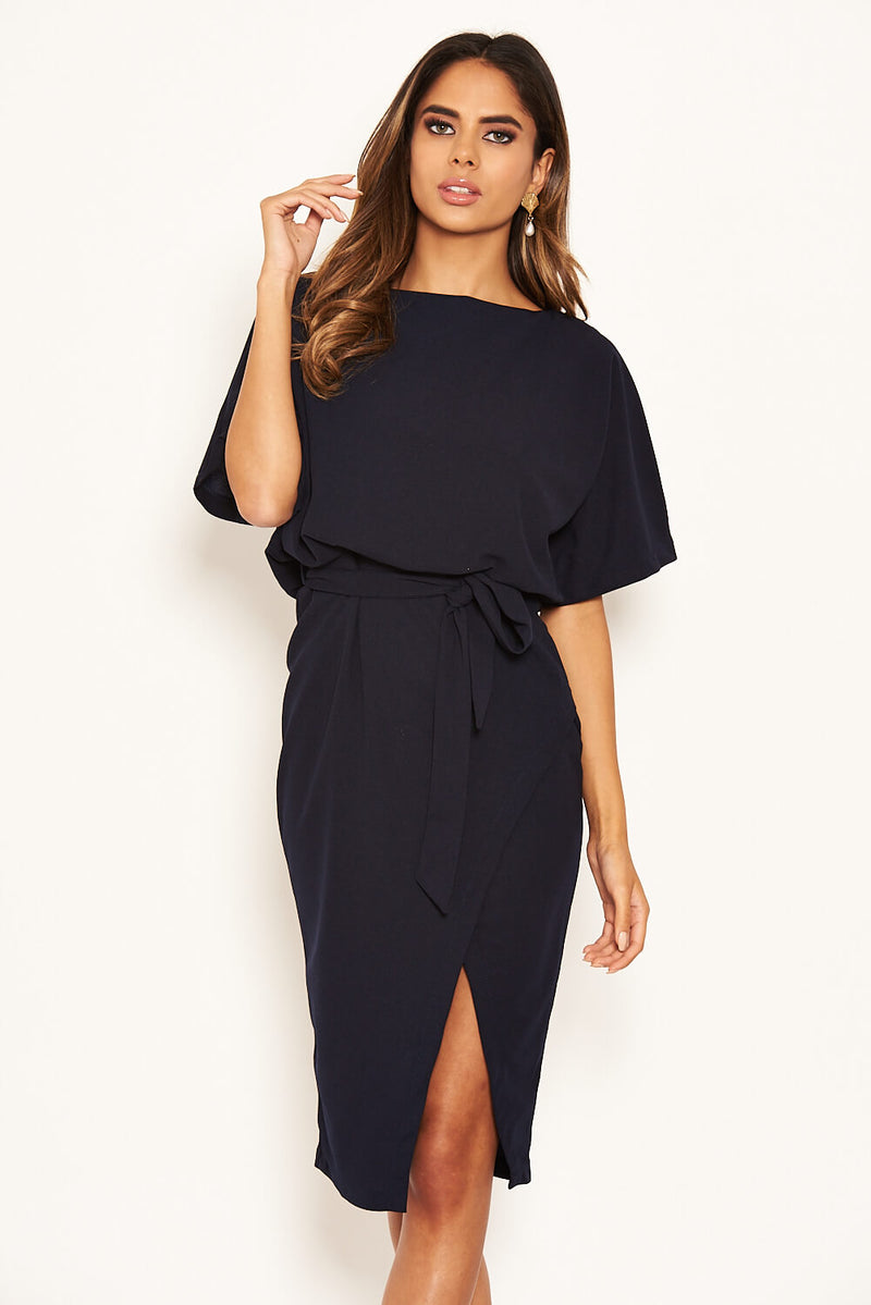 Navy Tie Waist Midi Dress