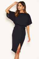 Navy Tie Waist Midi Dress