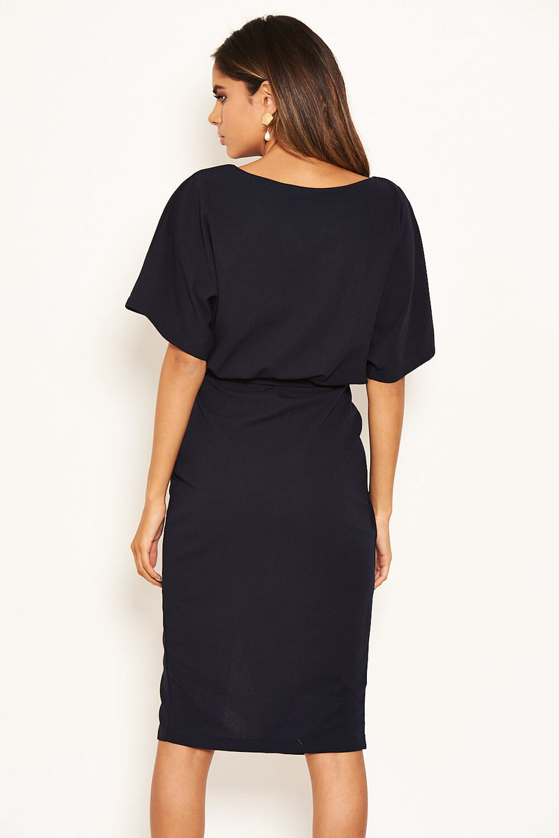 Navy Tie Waist Midi Dress