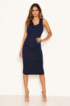 Navy Cowl Neck Ruched Side Bodycon Midi Dress