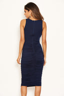 Navy Cowl Neck Ruched Side Bodycon Midi Dress