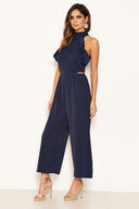 Navy Frilled Cut Out Culotte Jumpsuit