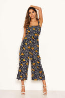 Navy Mixed Floral Frill Sleeve Jumpsuit