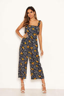 Navy Mixed Floral Frill Sleeve Jumpsuit