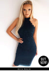 Navy High Neck Lace Midi Dress
