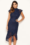 Navy Lace Fish Tail Frill Sleeve Midi Dress