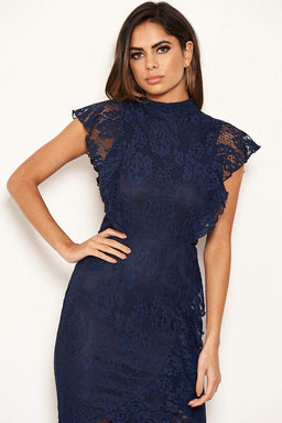 Navy Lace Fish Tail Frill Sleeve Midi Dress