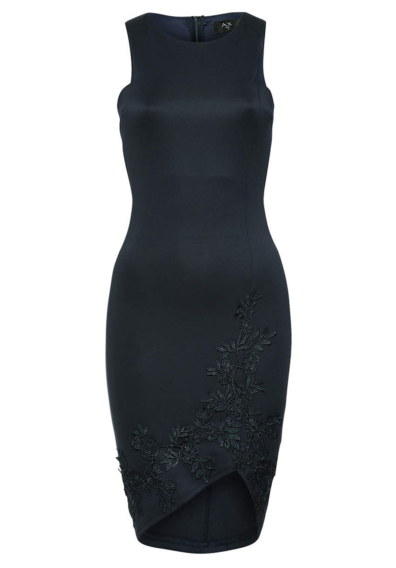 Navy Bodycon Dress With Lace Hem