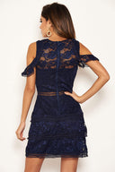 Navy Lace Frill Cold Shoulder Dress