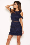 Navy Lace Frill Cold Shoulder Dress