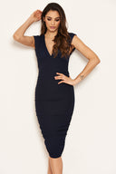 Navy V Neck Lace Ruched Tie Detailed Dress